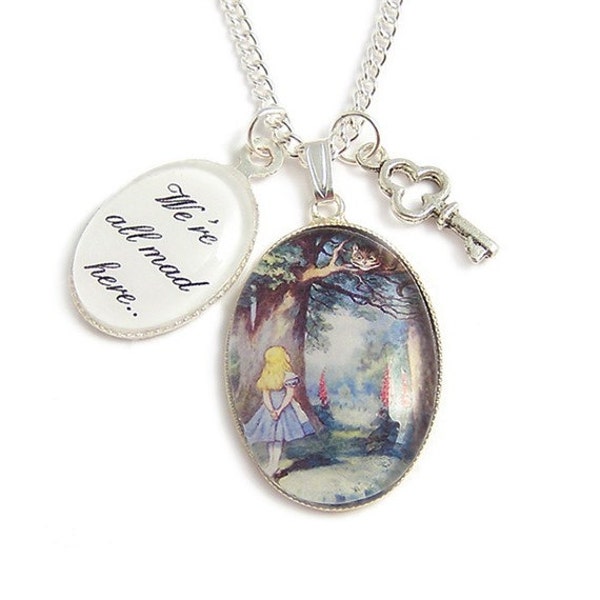 Cheshire cat We're all mad here necklace - Alice in wonderland necklace with key charm pendant