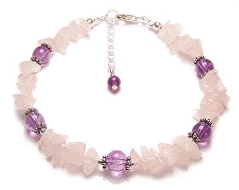 Rose Quartz & Amethyst gemstone bracelet - Sterling silver pink semi precious gem stone, heart stone wedding romantic