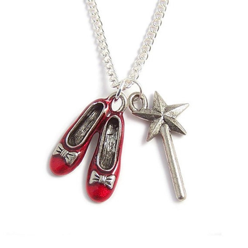 Ruby Red Slippers necklace & The Good Witch's magical wand Wizard of Oz silver charm necklace image 1