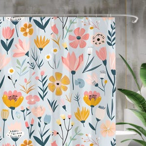 Spring Meadow Floral Shower Curtain, Retro Botanical Shower Curtain, Vintage Bath Whimsical Blue Pink Fabric Shower Curtain Farmhouse Garden
