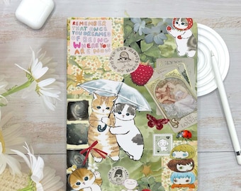 Könnte beinhalten: Eine bunte Collage mit Katzen, Blumen und skurrilen Illustrationen. Der Text "Remember that once you dreamed of being where you are now" ist auf der Collage zu sehen.