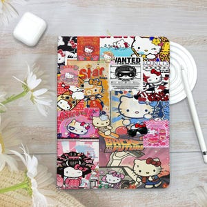 May include: A collage of colorful images featuring Hello Kitty in various poses and settings. The collage includes images of Hello Kitty with a star, a red car, a pink cherry, and a blue and white striped shirt. The text "WANTED STEALING HEARTS" is also included in the collage.
