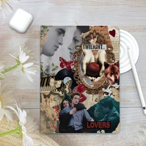 May include: A collage of images featuring characters from the Twilight saga. The collage includes a couple embracing, a wolf, a red apple, butterflies, and a record player. The text "TWILIGHT" and "LOVERS" is featured in the collage.