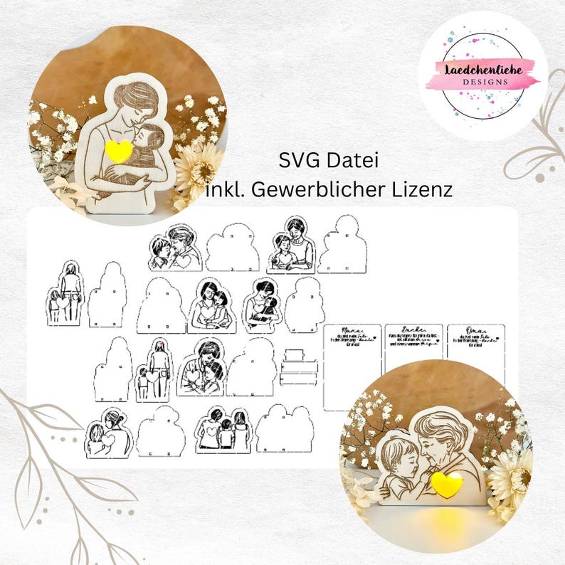 May include: A digital download SVG file of a mother and child holding a heart. The file includes a commercial licence. The image shows a variety of different designs for the mother and child, including different poses and styles. The image also includes a sample of the finished product, which is a wooden cutout of the mother and child.