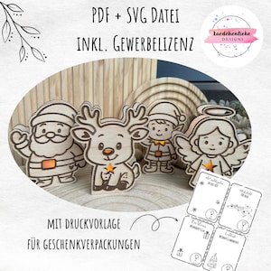 May include: Wooden Christmas-themed cutouts of Santa Claus, a reindeer, an elf, and an angel. The image includes the text "PDF + SVG DATEI INKL. GEWERBELIZENZ" and "MIT DRUCKVORLAGE F&Uuml;R GESCHENKVERPACKUNGEN". Also included are small gift tag templates.