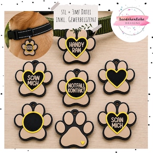 Puede incluir: Una colección de placas para mascotas con forma de pata en beige y negro con detalles de corazones amarillos. Algunas placas tienen el texto en alemán 'SCAN MICH', 'NOTFALL KONTAKT' o 'HANDY RAN', mientras que otras tienen corazones vacíos. Una placa está en un collar.