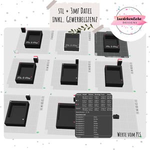 May include: A digital display showing nine 3D printer build plates, each featuring a black rectangular box with the text Mr & Mrs. A data table provides filament usage and print time statistics. The top text reads STL + 3MF DATEI INKL. GEWERBELIZENZ.