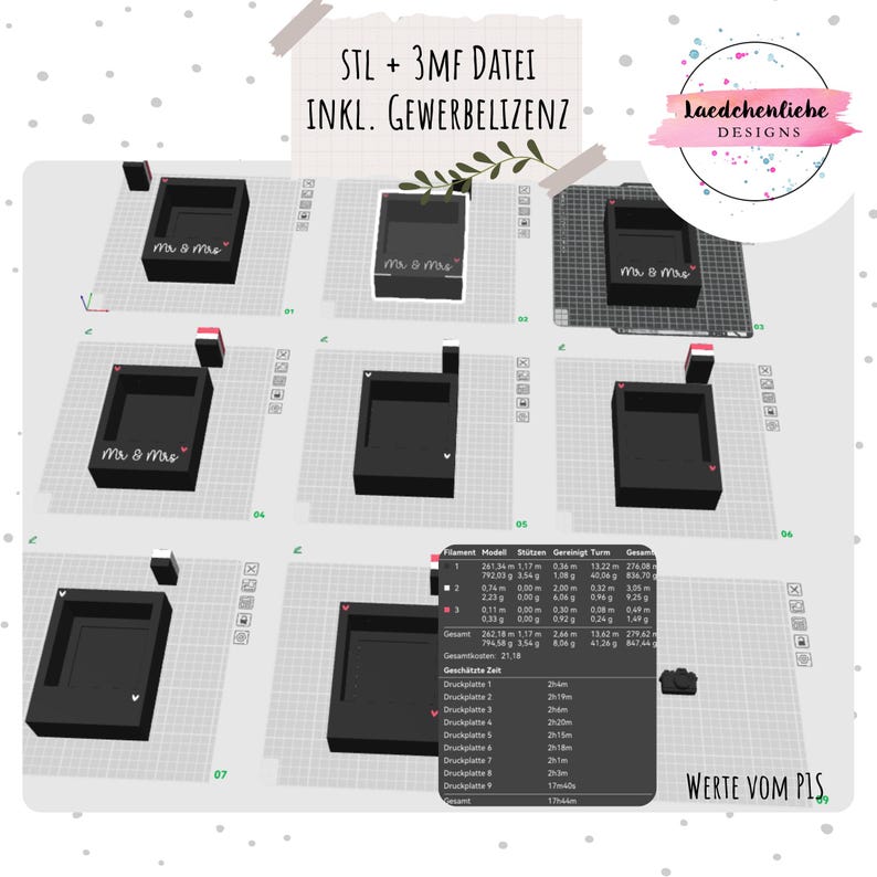 May include: A digital display showing nine 3D printer build plates, each featuring a black rectangular box with the text Mr & Mrs. A data table provides filament usage and print time statistics. The top text reads STL + 3MF DATEI INKL. GEWERBELIZENZ.