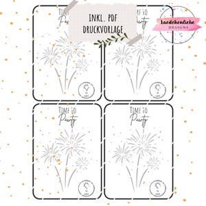 May include: Four white cards with black borders feature a fireworks design and the text "TIME TO Pawty". The cards also include the text "INKL. PDF DRUCKVORLAGE" and a logo that says "Laedchenliebe DESIGNS".