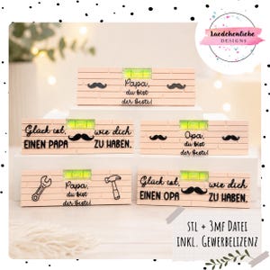 May include: A collection of decorative levels with mustache and tool graphics. Each level has a different message in German, such as "Papa, you are the best!" and "Happiness is having a Dad."