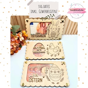 May include: Wooden Easter gift card holders with scalloped edges. Each holder features a cutout design of a bunny, chicken, or decorated egg. The holders contain currency and the text "vom Osterhasen" and "frohe OSTERN".