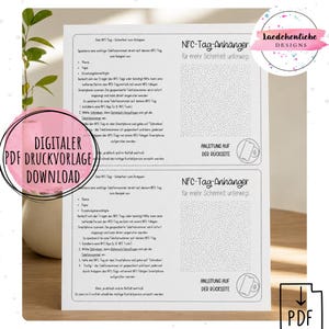Könnte beinhalten: Ein digitales PDF-Dokument zum Download mit zwei identischen Anleitungen für NFC-Tag-Anhänger. Der deutsche Text erklärt, wie man Notfallnummern auf NFC-Tags speichert, inklusive eines gepunkteten Bereichs für die Platzierung der Tags.
