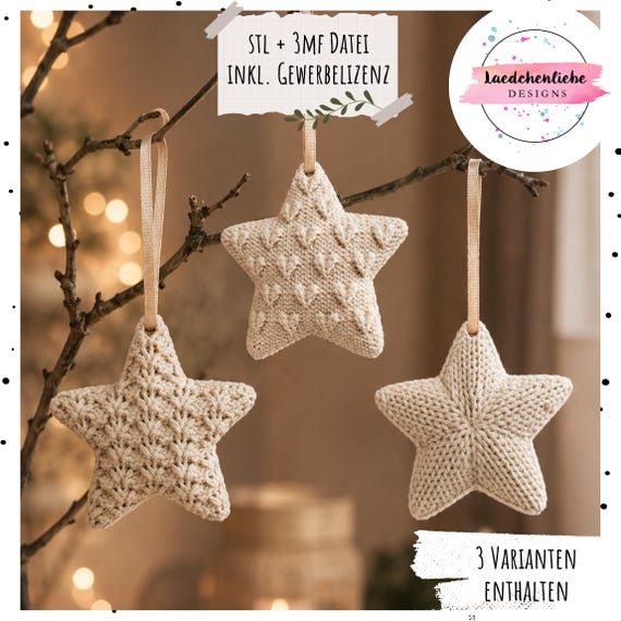 STL + 3MF Sterne mit Strickmuster | 3D Druck Datei Weihnachtsdeko | 3 Varianten | Anhänger Stern | inkl. Gewerbelizenz