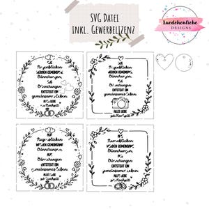 May include: A digital design file set featuring four square frames with German text, floral wreaths, hearts, camera, and wedding ring icons. Includes a logo with the text Laedchenliebe Designs and SVG Datei inkl. Gewerbelizenz.