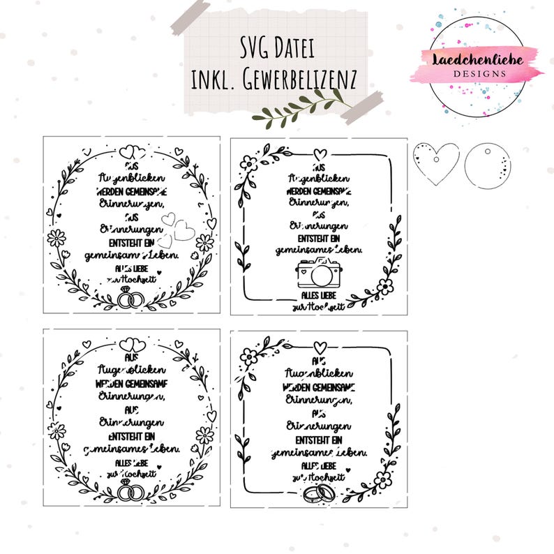 May include: A digital design file set featuring four square frames with German text, floral wreaths, hearts, camera, and wedding ring icons. Includes a logo with the text Laedchenliebe Designs and SVG Datei inkl. Gewerbelizenz.