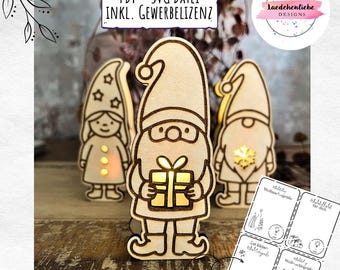 Gnome SVG file for Christmas | Laser cut template with commercial license | Glowing Christmas decoration gnome PDF + SVG | Balloon light | XMas for 3 mm