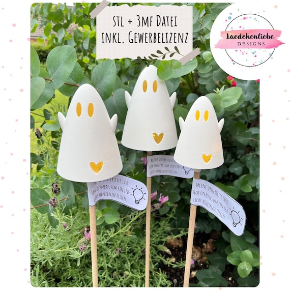 STL+3MF Datei 3D Drucker inkl. Gewerbelizenz Gespenster Ghosts Gartenstecker Halloween Dekoration Garten leuchtend digitale Datei Led Licht