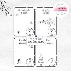 May include: A digital download design with four rectangular sections. Each section features festive illustrations like snowflakes, a gift, and a Christmas tree. Text includes "Weihnachtszauber", "Winterlicht", and "Ein kla Weihnachts".