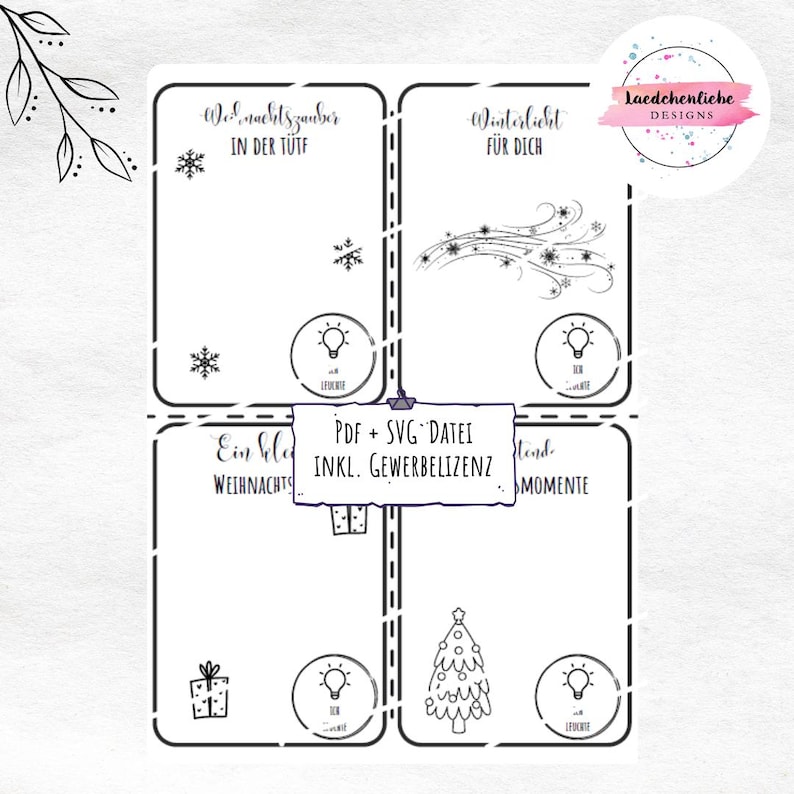 May include: A digital download design with four rectangular sections. Each section features festive illustrations like snowflakes, a gift, and a Christmas tree. Text includes "Weihnachtszauber", "Winterlicht", and "Ein kla Weihnachts".