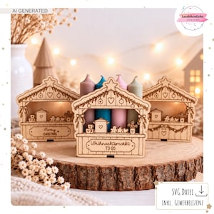 May include: Three laser-cut wooden Christmas market stall decorations featuring engraved details of pots, hearts, and gingerbread men. The centre stall displays the text "Weihnachtsmarkt TO GO" and holds four coloured taper candles.