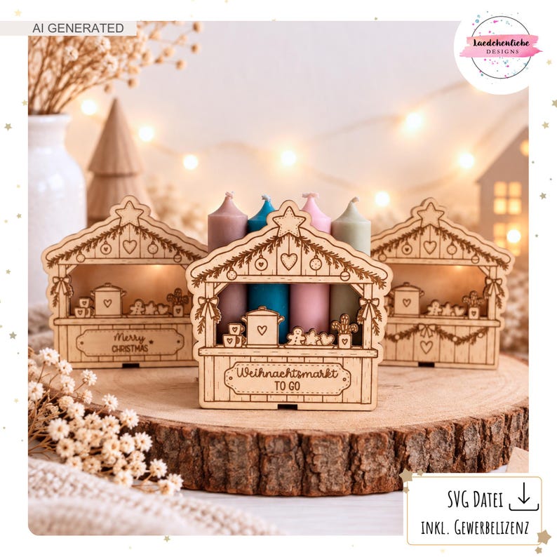May include: Three laser-cut wooden Christmas market stall decorations featuring engraved details of pots, hearts, and gingerbread men. The centre stall displays the text "Weihnachtsmarkt TO GO" and holds four coloured taper candles.