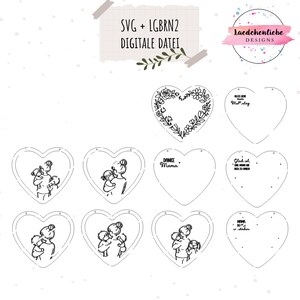Pu&ograve; includere: Una collezione di disegni a forma di cuore, alcuni con ghirlande floreali, illustrazioni madre-figlio e testo. I disegni sono in bianco e nero, adatti per progetti di artigianato digitale. L'immagine include il testo "SVG + LGBRN2 DIGITALE DATEI".
