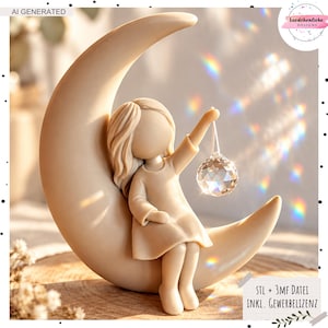 Puede incluir: Una figura de color beige de una persona con cabello largo sentada sobre una luna creciente, sosteniendo una esfera de cristal transparente y facetada que refleja la luz. El objeto tiene superficies lisas y mates.
