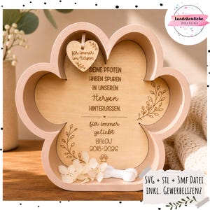 SVG + STL + 3MF digitale Datei Hund Gedenkpfote | Laserdatei & 3D Druck Datei | Erinnerung Hund | Hundepfote | Gewerbelizenz | Trauer Deko