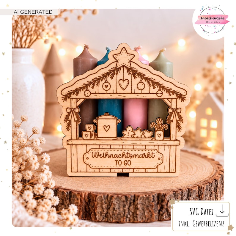 May include: A laser-cut wooden candle holder shaped like a market stall with the text "Weihnachtsmarkt TO GO". It features engraved details of a pot, mugs, and gingerbread cookies, holding four pillar candles in brown, blue, pink, and green.
