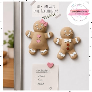 Könnte beinhalten: Zwei Lebkuchenmann-Magnete auf einer weißen Fläche. Eine Figur hat eine rosa Schleife und zwei rosa Herzen, die andere eine weiße Schleife und zwei braune Knöpfe. Ein kleiner rosa Herzmagnet hält einen Zettel mit dem Text Einkaufen: Milch, Eier, Mehl.