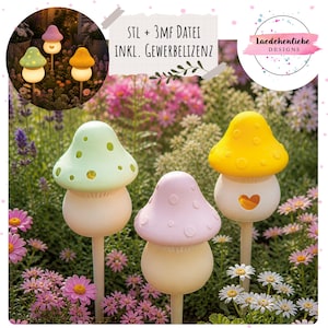 Può includere: Decorazioni per il giardino con luci a forma di fungo nei colori pastello: verde, rosa e giallo. Le luci hanno una base bianca e sono montate su paletti. L'immagine include il testo "STL + 3MF DATEI INKL. GEWERBELIZENZ" e un logo.