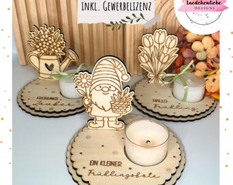 Plik cyfrowy SVG Spring Laser | 3 mm | Konewka z tulipanami Gnome | z licencją komercyjną | Świecznik na podgrzewacze 38 mm Dekoracja wiosenna