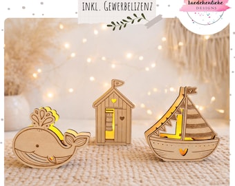 SVG Laser File Beach Light | Whale Boat Beach House | LED Decor Wood 3 mm | Laser Cut File Light Decor | DIY Souvenir | Commercial License