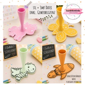 Puede incluir: Cuatro soportes cónicos impresos en 3D en rosa, amarillo, verde claro y naranja. El soporte rosa tiene una base de unicornio, el amarillo una mariposa, el verde claro un dinosaurio y el naranja un cohete. El texto incluye STL + 3MF DATEI INKL. GEWERBELIZENZ y SCHULTÜTENSTÄNDER DATEI 4 DESIGNS ENTHALTEN.