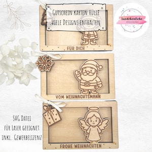Christmas voucher holder SVG | Gift envelope file with angel, Santa Claus, Father Christmas & elf | Including commercial license. Laser file Xmas