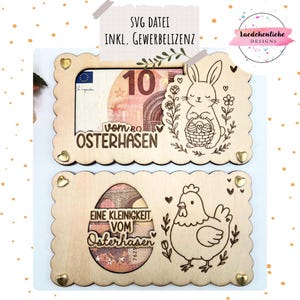 Może przedstawiać: Drewniane uchwyty na kartki okolicznościowe z motywem wielkanocnym z falistymi krawędziami, przedstawiające kr&oacute;lika z koszykiem i kurczaka. G&oacute;rny uchwyt wyświetla banknot 10 euro. Tekst: "SVG DATEI INKL. GEWERBELIZENZ" i "VOM OSTERHASEN".