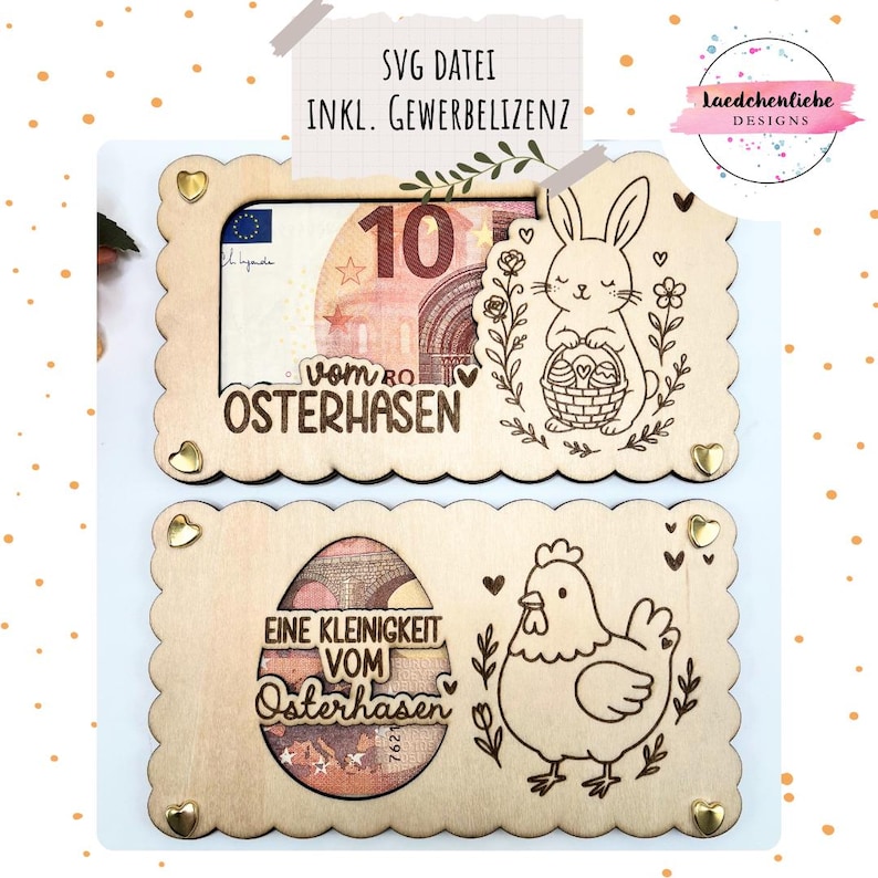 Może przedstawiać: Drewniane uchwyty na kartki okolicznościowe z motywem wielkanocnym z falistymi krawędziami, przedstawiające kr&oacute;lika z koszykiem i kurczaka. G&oacute;rny uchwyt wyświetla banknot 10 euro. Tekst: "SVG DATEI INKL. GEWERBELIZENZ" i "VOM OSTERHASEN".