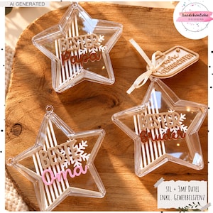 May include: Three clear star-shaped ornaments featuring white vertical stripes and white snowflake cutouts. The ornaments display the German text Bester Papa, Beste Oma, and Bester Bruder in raised lettering. One ornament includes a small wooden tag.
