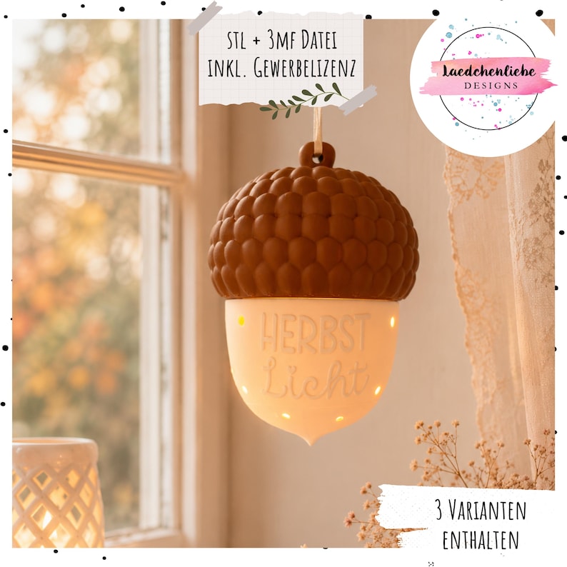May include: A hanging acorn-shaped light fixture with a textured brown cap and a smooth, off-white base. The base features the embossed text "HERBST Licht" and small circular cutouts that allow light to shine through from the interior.