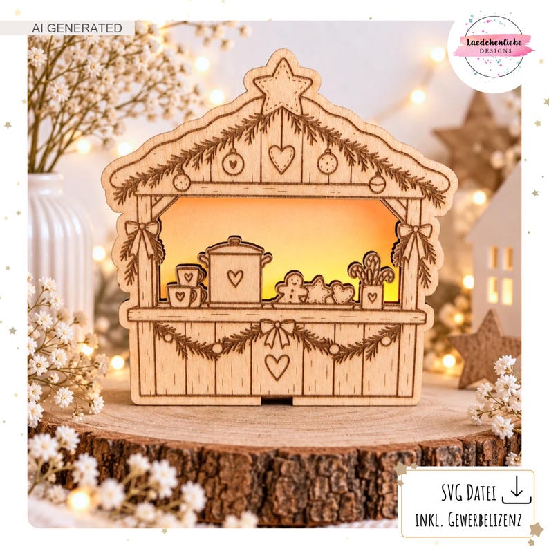 May include: A laser-cut wooden Christmas market stall decoration featuring a warm glowing interior. The front panel displays engraved motifs of a pot, mugs, gingerbread cookies, and hearts, accented with pine boughs and bows.