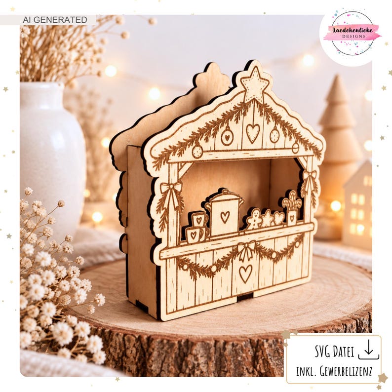 May include: A light-coloured wooden laser-cut structure shaped like a market stall, featuring engraved holiday decorations including a star, heart, and gingerbread man. The front panel displays a counter with mugs and a pot, framed by garlands.