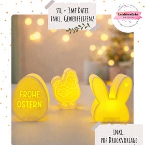 STL + 3MF | Easter Egg Bunny Chicken Light Boxes 3D Print File | incl. Commercial License | LED Easter Decoration Easter Lights | incl. PDF Print Template