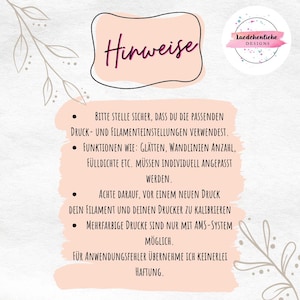 May include: A pink and white graphic with the word "Hinweise" in a black outlined bubble. Below, bullet points list instructions in German, including print settings and calibration advice. A logo for "laedchenliebe DESIGNS" is in the upper right.