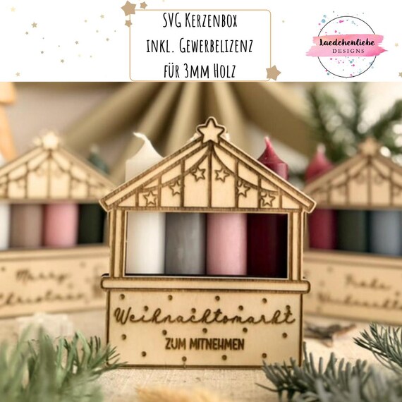 SVG Kerzenbox Weihnachtsmarkt | Laserdatei für 3mm Holz | Adventsdeko | Platz für 4 Kerzen 100x22mm | inkl. Gewerbelizenz Weihnachten XMAS