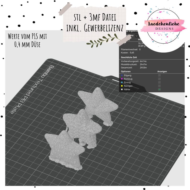 Puede incluir: Tres objetos grises con forma de estrella impresos en 3D sobre una placa Bambu Textured PEI. La imagen incluye el texto STL + 3MF DATEI INKL. GEWERBELIZENZ y WERTE VOM PIS MIT 0,4 MM D&Uuml;SE, junto a un men&uacute; de configuraci&oacute;n.