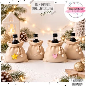 May include: Four beige, sack-shaped bottle holders with drawstring closures, each containing a small dark glass bottle. One sack features a yellow star, one has the text Ho Ho Ho, one has a pink heart, and one is plain. Includes digital files.