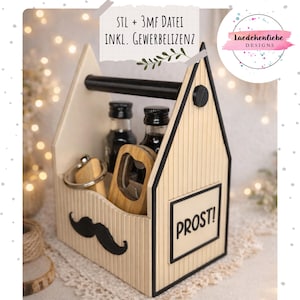 May include: A wooden beer caddy with a black handle, holding two small bottles, a bottle opener, and a cork keychain. The caddy has a black mustache design and the word "PROST!" on the front.