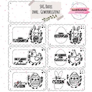 Może przedstawiać: Kolekcja czarno-białych wzor&oacute;w SVG o tematyce wielkanocnej. Projekty obejmują pisanki, kr&oacute;liki i kurczaki, z tekstem w języku niemieckim. Obraz zawiera r&oacute;wnież tekst "SVG DATEI INKL. GEWERBELIZENZ".
