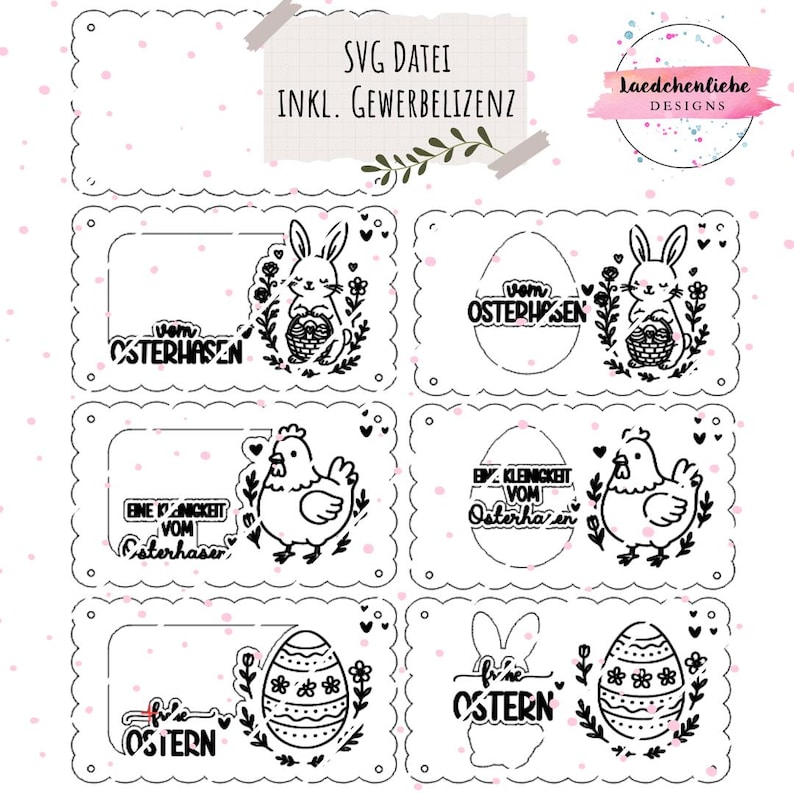 Może przedstawiać: Kolekcja czarno-białych wzor&oacute;w SVG o tematyce wielkanocnej. Projekty obejmują pisanki, kr&oacute;liki i kurczaki, z tekstem w języku niemieckim. Obraz zawiera r&oacute;wnież tekst "SVG DATEI INKL. GEWERBELIZENZ".