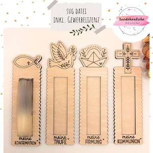 May include: Wooden bookmarks with decorative cutouts. The bookmarks feature designs of a fish, dove, paper boat, and cross. Each bookmark has a rectangular window and scalloped edges. The text "SVG DATEI INKL. GEWERBELIZENZ" is at the top.